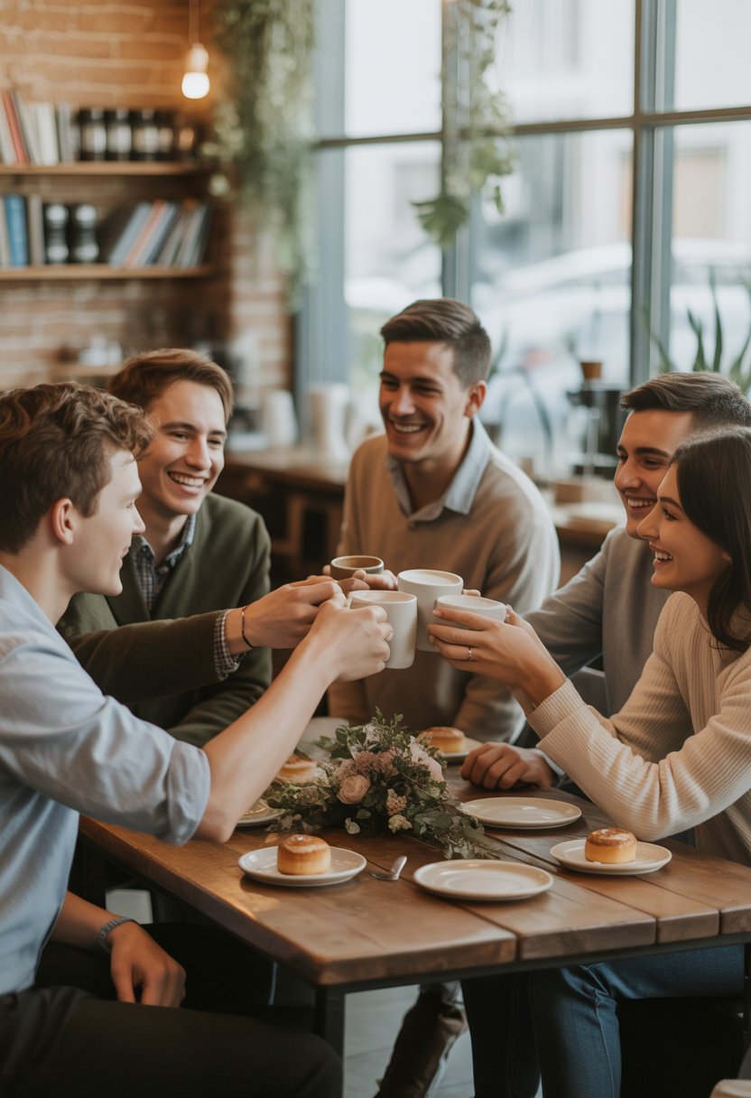 A group of young adults enjoying a casual gathering in a cozy coffeehouse with coffee cups and pastries on a wooden table.